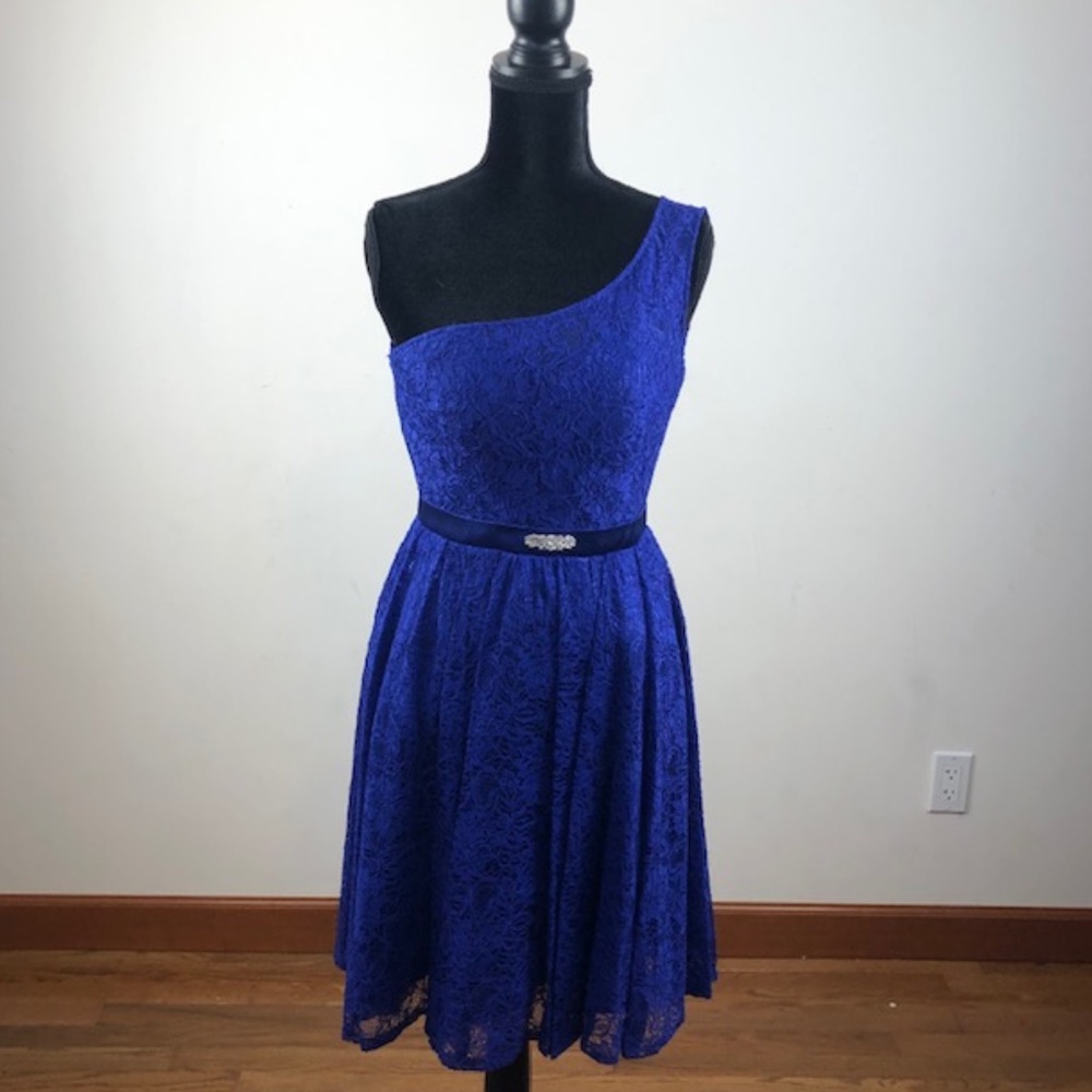 New with tags! Cindy Collection Royal Blue one shoulder lacy dress. Size XS